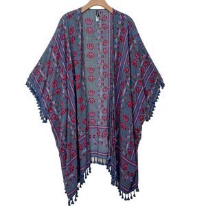 Adore Me Cover Up Kimono Womens One Size Blue Floral Fringed Rayon Loungewear